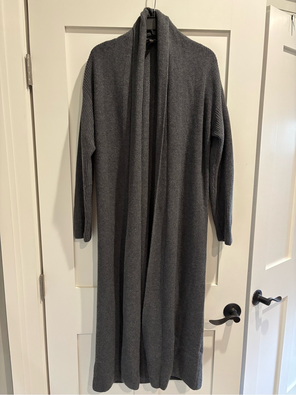 Long Open-Front Ribbed Knit Cardigan Duster - Dark Gray